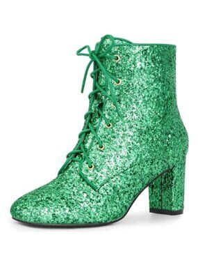 Glitter Lace Up Square Toe Ankle Boots